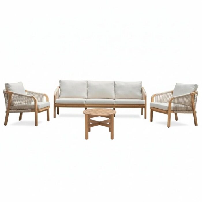 BUITEN living Bergamo stoel-bank loungeset 5 personen incl. koffietafel 60cm | touw + hardhout | zand | 5-delig