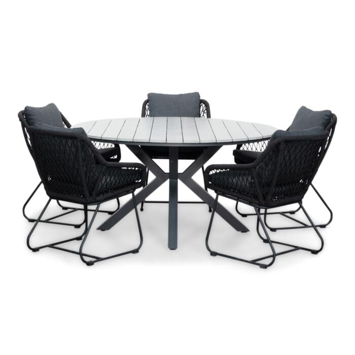 LUX outdoor living Cervo Grey/Portofino zwart dining tuinset | 5 personen | polywood + touw | 144cm – Zwart, Natural Teak