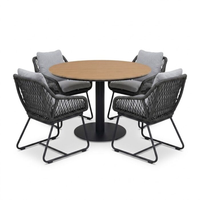 LUX outdoor living Panama/Portofino Stone Grey dining tuinset | 4 personen | polywood + touw | 120cm rond – Antraciet