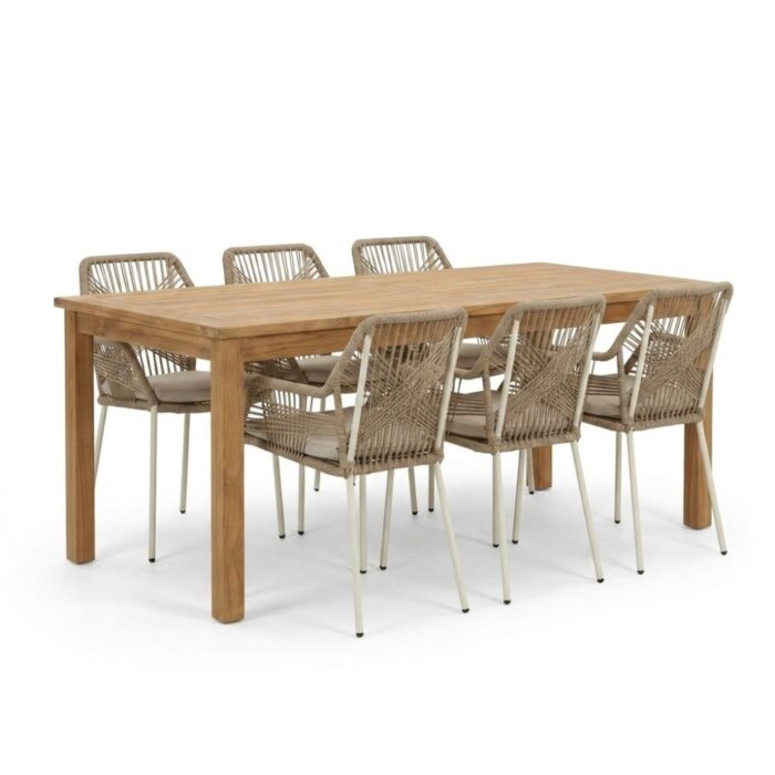 BUITEN living Singapore/Seville beige dining tuinset | 6 personen | teakhout + touw | 200cm