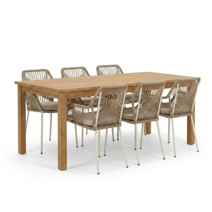 BUITEN living Singapore/Seville beige dining tuinset | 6 personen | teakhout + touw | 200cm