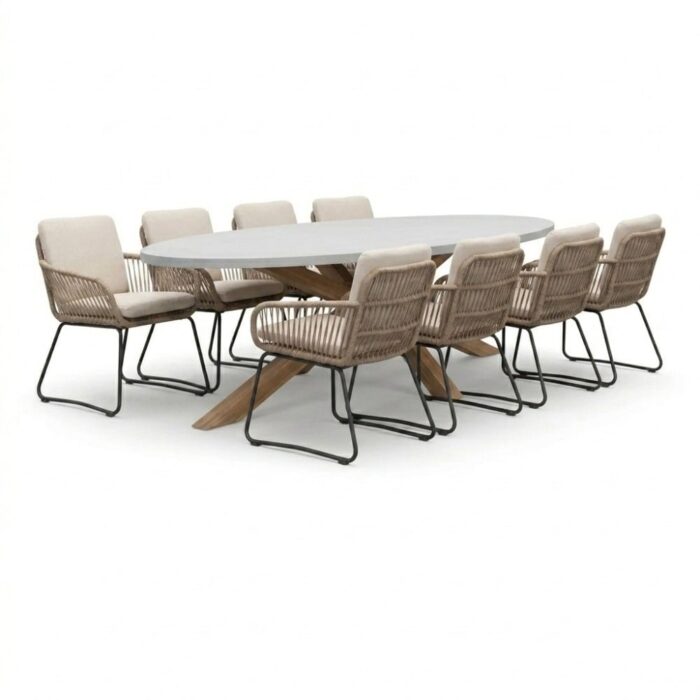 BUITEN living Livorno/Harper Sahara Dust dining tuinset | 8 personen | polystone + touw | 280cm – Betonlook