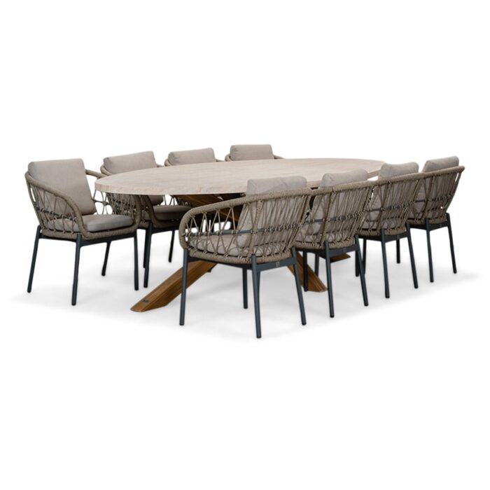 BUITEN living Lorento/Dakota beige/antraciet dining tuinset | 8 personen | travertin + touw | 280cm