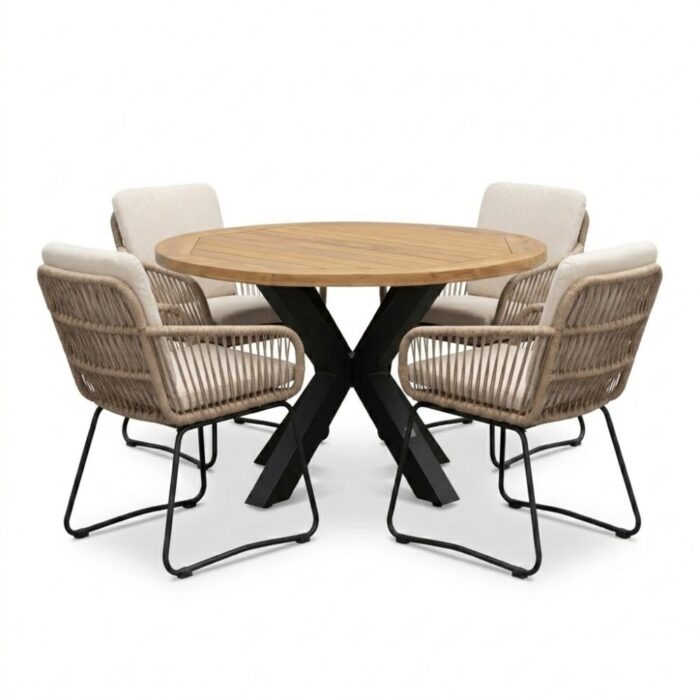 LUX outdoor living Cleve antraciet/Harper Sahara Dust dining tuinset | 4 personen | teakhout + touw | 120cm rond