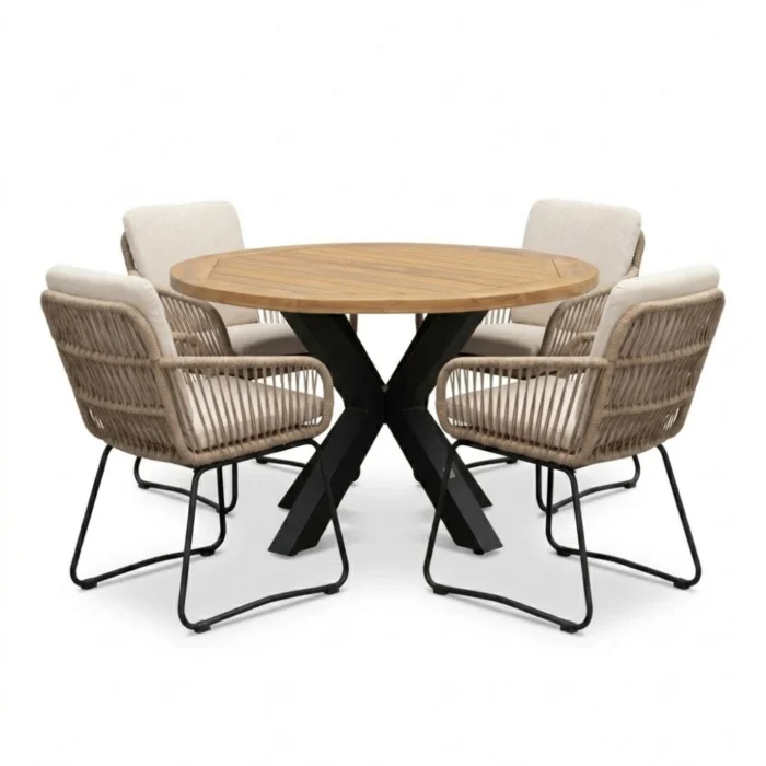 LUX outdoor living Cleve antraciet/Harper Sahara Dust dining tuinset | 4 personen | teakhout + touw | 120cm rond