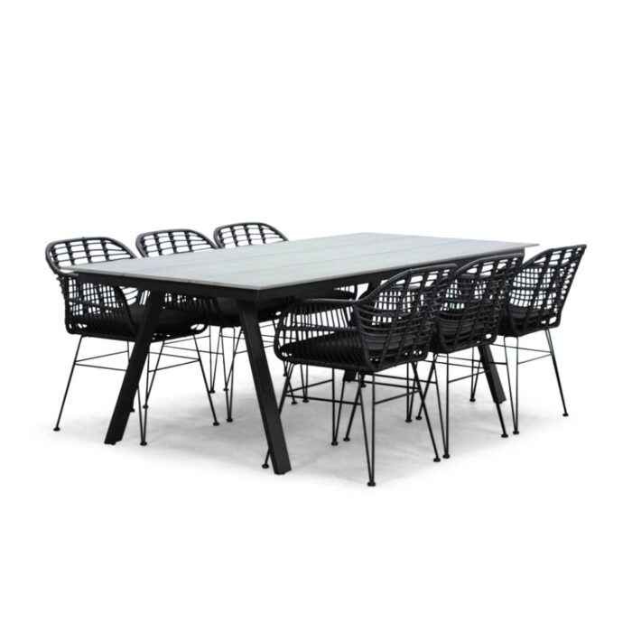 LUX outdoor living Oslo Grey/Napels dining tuinset | 6 personen | polywood + wicker | 220cm – Zwart, Grijs