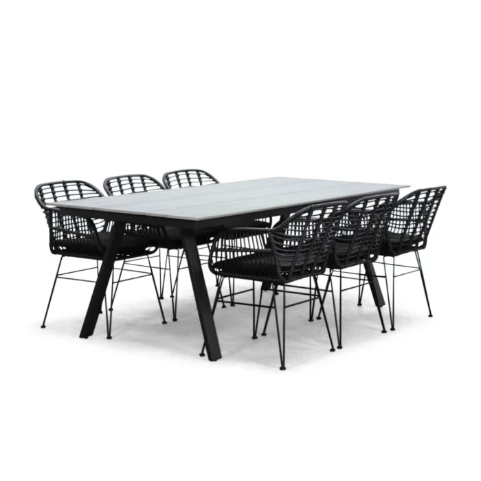 LUX outdoor living Oslo Grey/Napels dining tuinset | 6 personen | polywood + wicker | 220cm - Zwart, Grijs