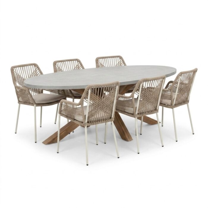 BUITEN living Livorno/Seville beige dining tuinset | 6 personen | polystone + touw | 240cm