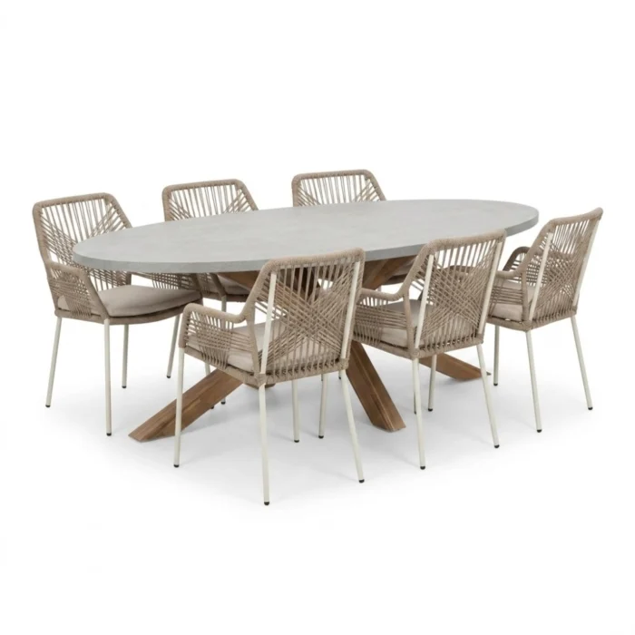 BUITEN living Livorno/Seville beige dining tuinset | 6 personen | polystone + touw | 240cm
