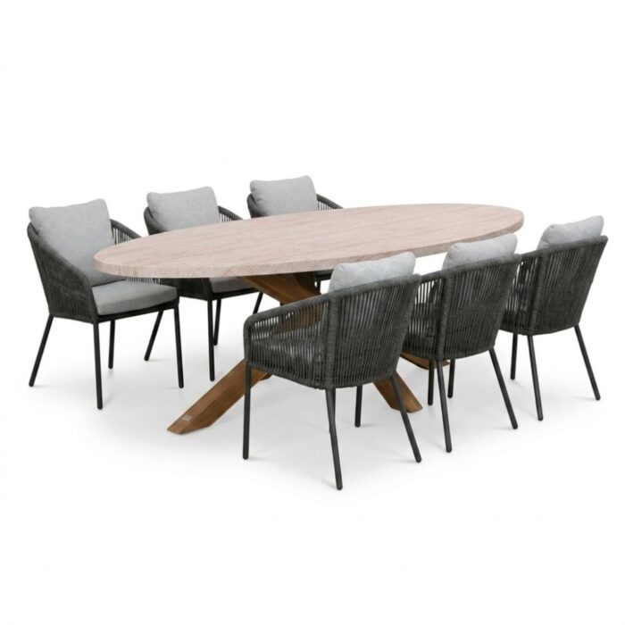 BUITEN living Lorento/Lexis Stone Grey dining tuinset | 6 personen | polystone + touw | 240cm – Travertin