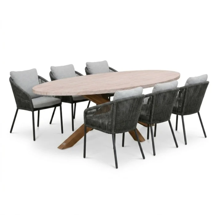 BUITEN living Lorento/Lexis Stone Grey dining tuinset | 6 personen | polystone + touw | 240cm - Travertin