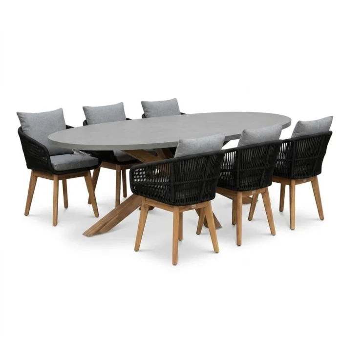 BUITEN living Livorno/Bella zwart dining tuinset | 6 personen | polystone + touw | 240cm