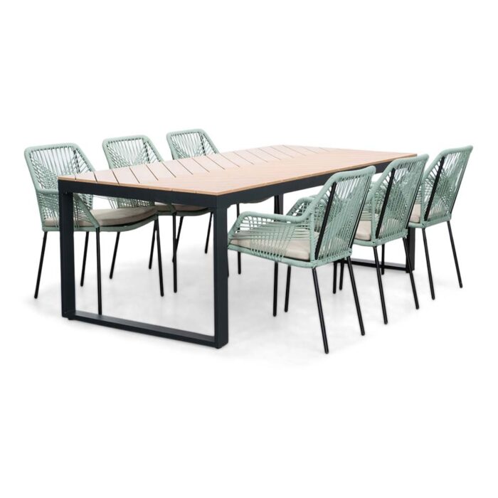 LUX outdoor living Kampa Natural/Seville mint dining tuinset | 6 personen | polywood + touw | 210cm – Taupe – Naturel – Bruin, Mint