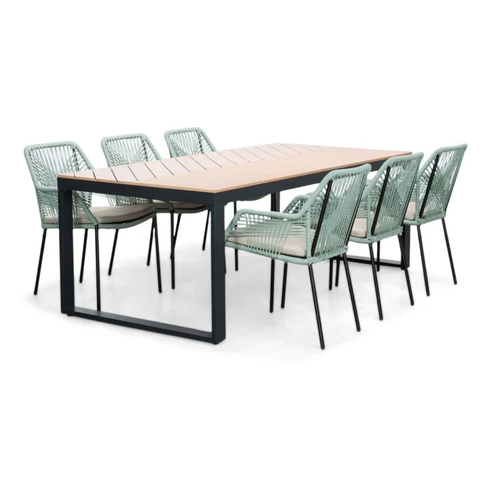 LUX outdoor living Kampa Natural/Seville mint dining tuinset | 6 personen | polywood + touw | 210cm - Taupe - Naturel - Bruin, Mint