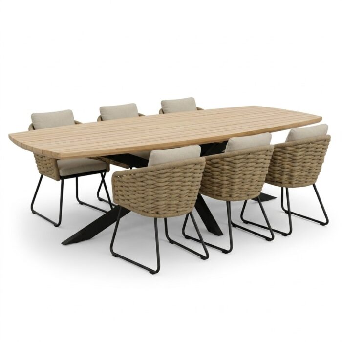 LUX outdoor living Salo/Flora Sahara Dust dining tuinset | 6 personen | hardhout + touw | 240cm Deens – Naturel