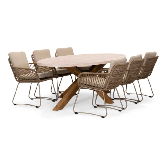 BUITEN living Lorento/Harper Sandstone dining tuinset | 6 personen | travertin + touw | 240cm – Zand