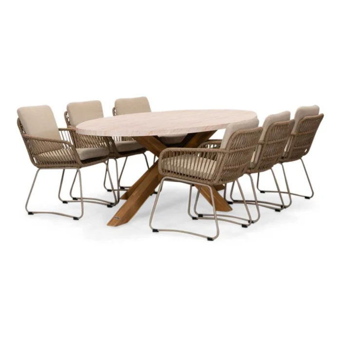 BUITEN living Lorento/Harper Sandstone dining tuinset | 6 personen | travertin + touw | 240cm - Zand