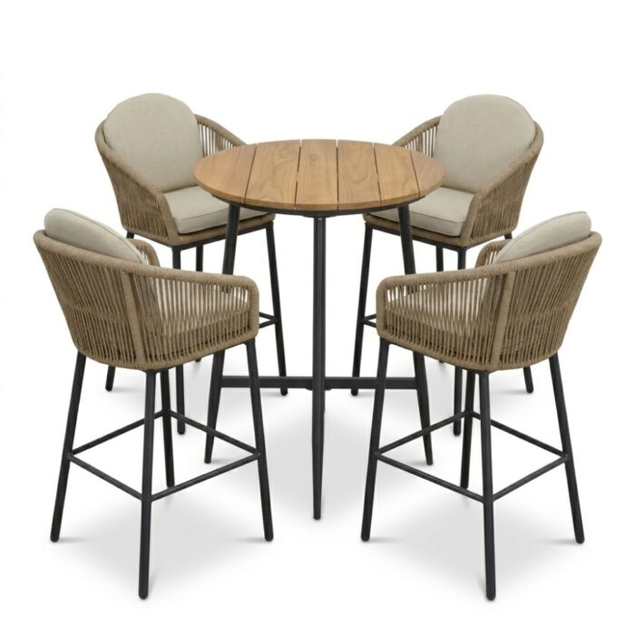 LUX outdoor living Valencia antraciet/Mara Sahara Dust dining barset | 4 personen | teakhout + touw | 90cm