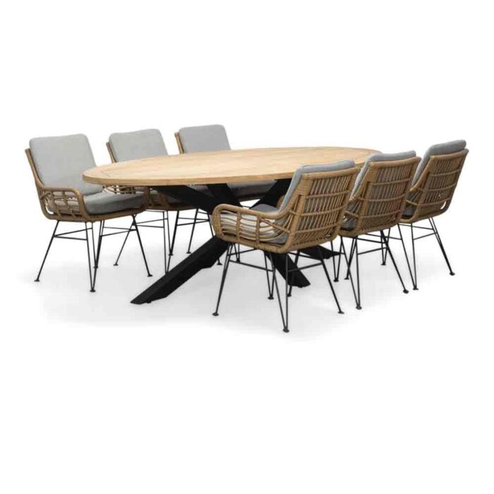 LUX outdoor living Cleve/Carlos taupe dining tuinset | 6 personen | teakhout + wicker | 240cm ovaal