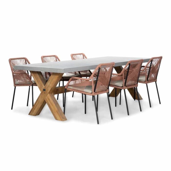 BUITEN living Norwich/Seville terra dining tuinset | 6 personen | betonlook + touw | 250cm – Betonlook, Rood