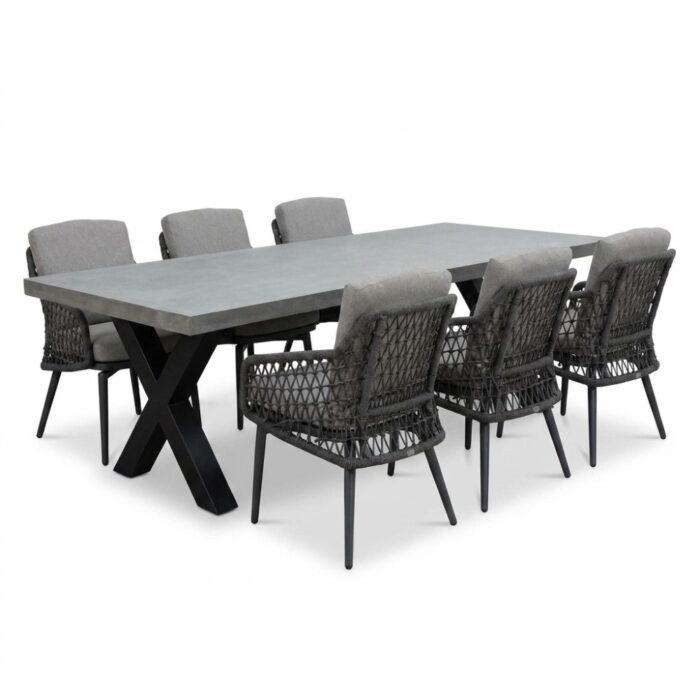 BUITEN living Lyon betonlook/Vedra antraciet dining tuinset | 6 personen | polystone + touw | 250cm