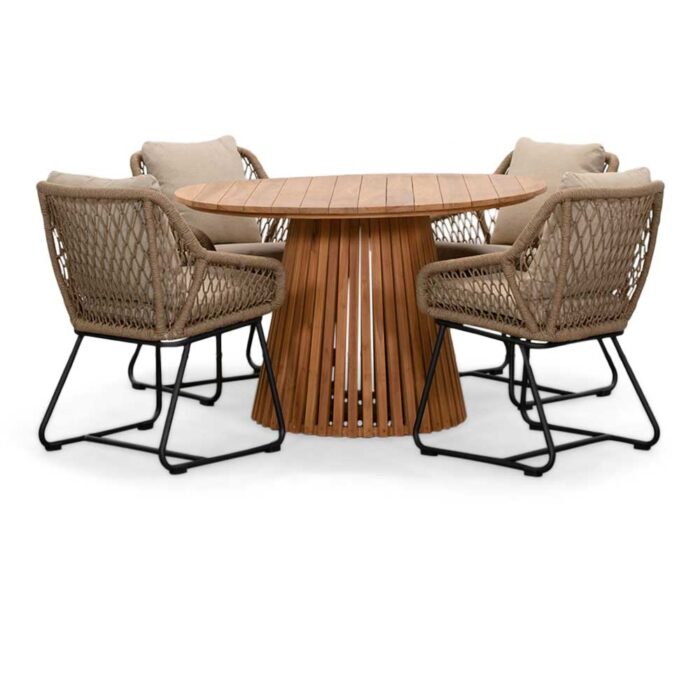 BUITEN living Palau/Portofino Sahara Dust dining tuinset | 4 personen | teakhout + touw | 120cm rond – Zand