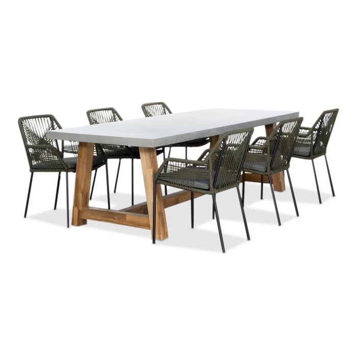 BUITEN living Veltis/Seville olijfgroen dining tuinset | 6 personen | betonlook + touw | 250cm – Light Teak, Olijfgroen, Betonlook