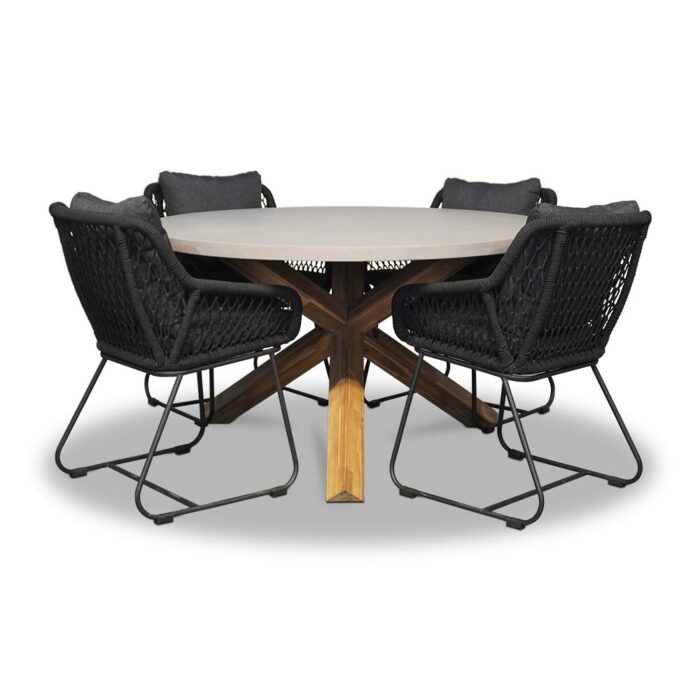 BUITEN living Nancy/Portofino zwart dining tuinset | 4 personen | betonlook + touw | 135cm – Betonlook, Zwart
