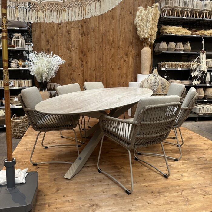 LUX outdoor living Calma/Harper Sandstone dining tuinset | 6 personen | sintered stone + touw | 240cm ovaal – Taupe – Naturel – Bruin, Beige