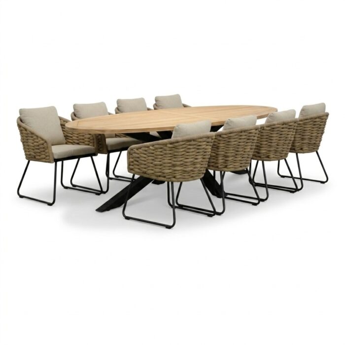 LUX outdoor living Cleve antraciet/Flora Sahara Dust dining tuinset | 8 personen | teakhout + touw | 280cm ovaal
