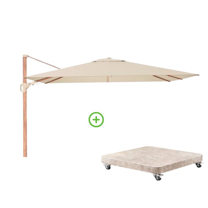 Platinum Challenger T² zweefparasol premium doek | 260x350cm met Venezia rond parasolvoet 90kg | Champagne/Teak look – Taupe – Naturel – Bruin, Natural Teak