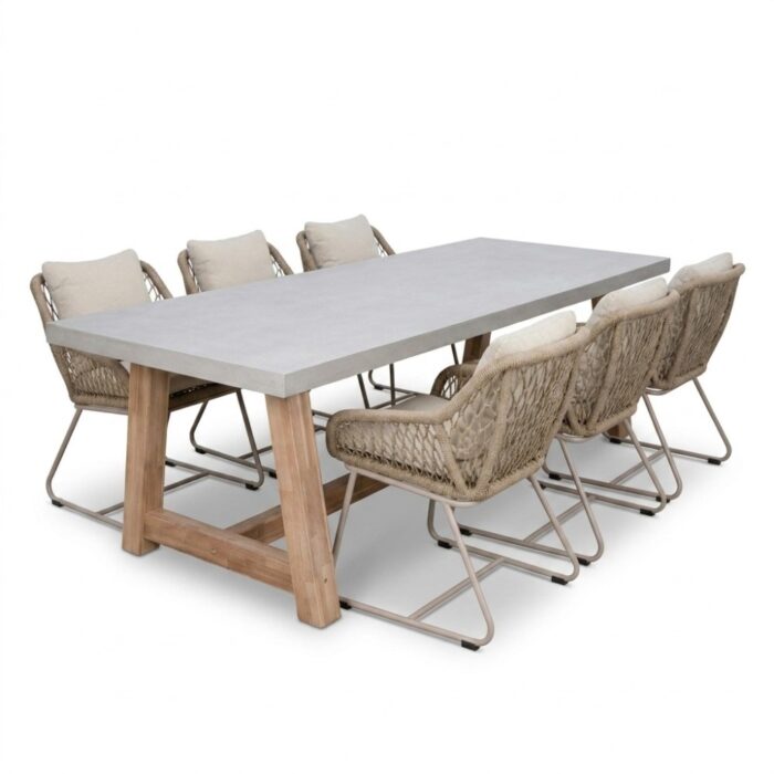 BUITEN living Veltis/Portofino Sandstone dining tuinset | 6 personen | polystone + touw | 250cm – Taupe – Naturel – Bruin, Beige