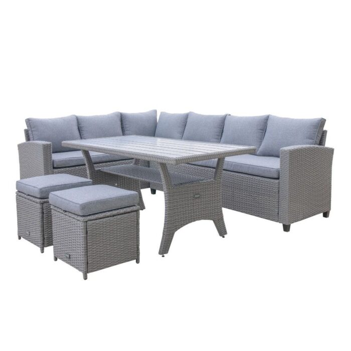 Denza Furniture Stockholm dining loungeset met hockers 8 personen | wicker | grijs | 5-delig 245x169cm