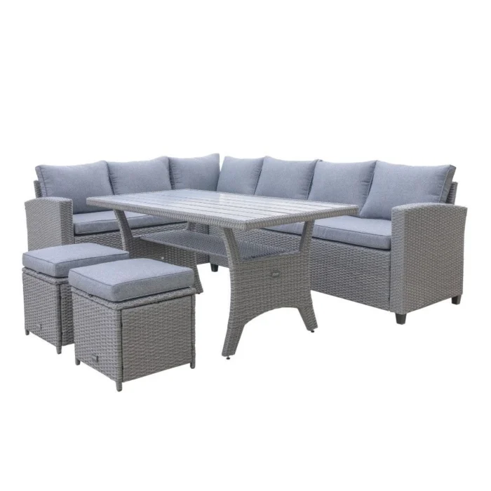 Denza Furniture Stockholm dining loungeset met hockers 8 personen | wicker | grijs | 5-delig 245x169cm