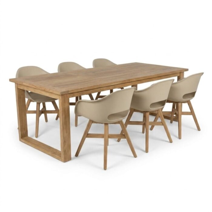 BUITEN living Corfu/Karlstad beige dining tuinset | 6 personen | teakhout + kunststof | 200cm