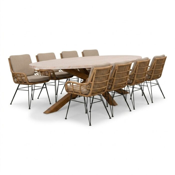 BUITEN living Lorento/Carlos taupe dining tuinset | 8 personen | polystone + wicker | 280cm – Travertin