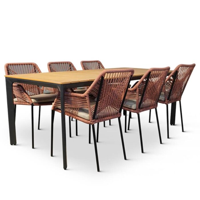 Lesli Living Arezzo/Seville terra dining tuinset | 6 personen | polywood + touw | 200cm – Light Teak, Zwart, Rood
