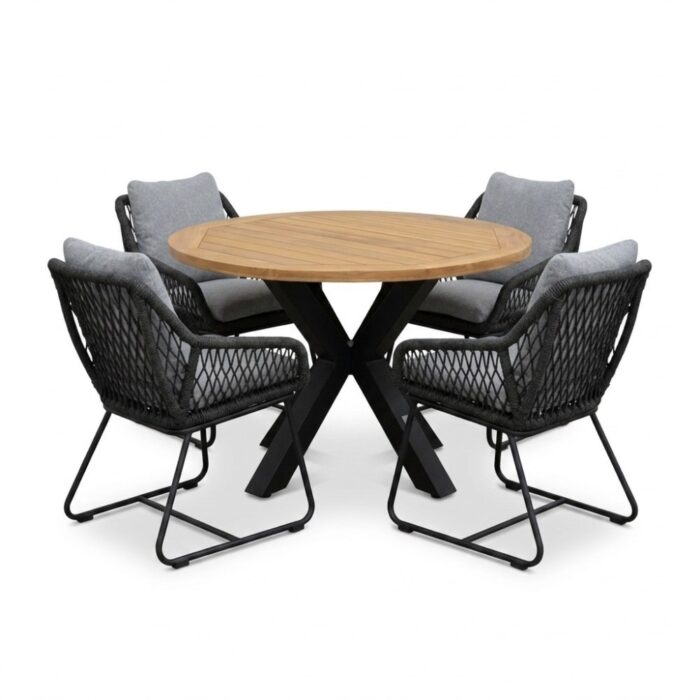 LUX outdoor living Cleve/Portofino Stone Grey dining tuinset | 4 personen | teakhout + touw | 120cm rond – Natural Teak