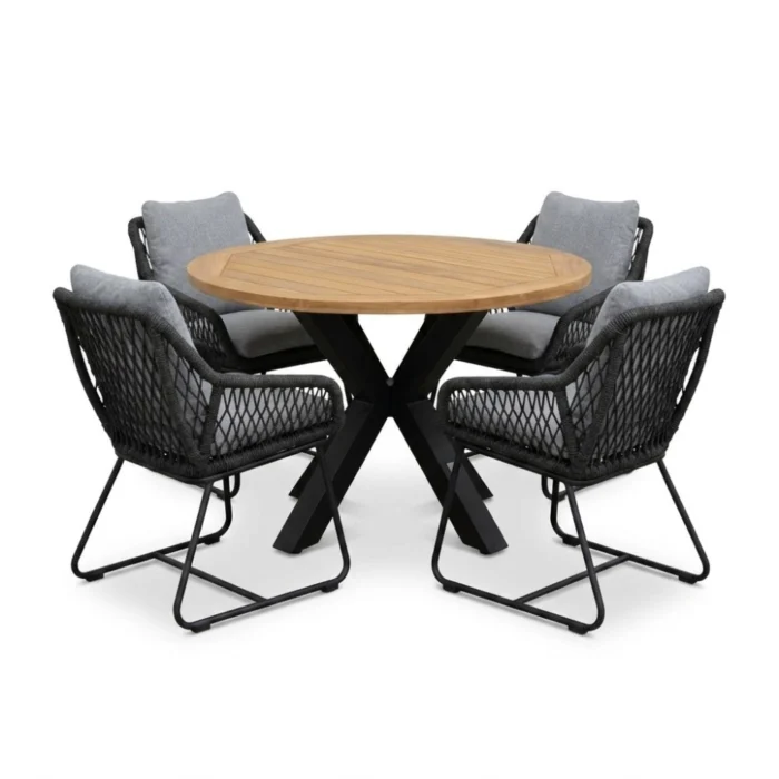 LUX outdoor living Cleve/Portofino Stone Grey dining tuinset | 4 personen | teakhout + touw | 120cm rond - Natural Teak