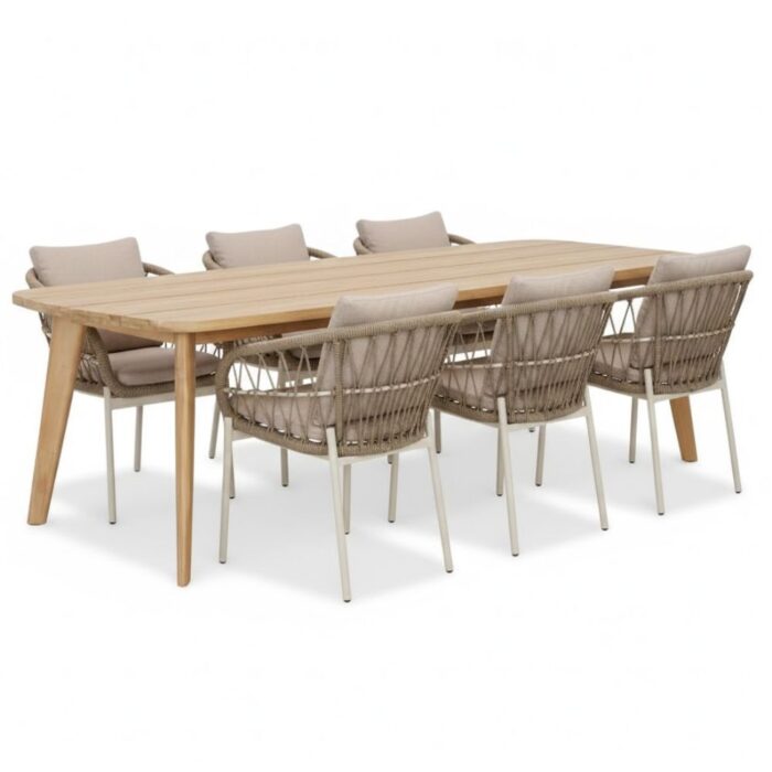 BUITEN living Rixos/Dakota beige/wit dining tuinset | 6 personen | hardhout + touw | 220cm – Taupe – Naturel – Bruin, Light Teak