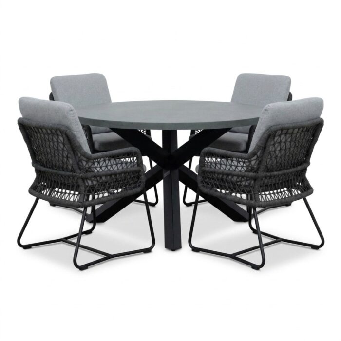 BUITEN living Meran/Gianna Stone Grey dining tuinset | 4 personen | polystone + touw | Ø135cm rond – Grijs