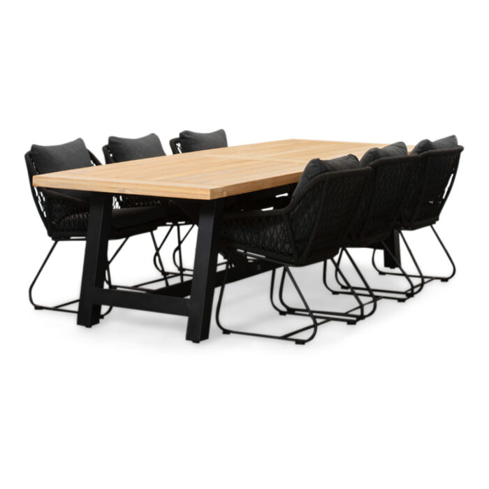 LUX outdoor living James/Portofino zwart dining tuinset | 6 personen | teakhout + touw | 260cm