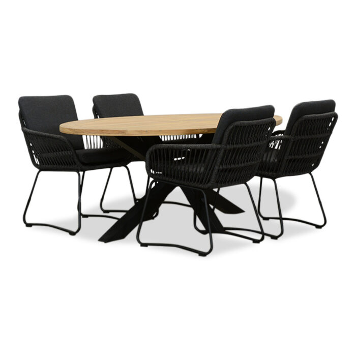 LUX outdoor living Cleve/Harper Lava Grey dining tuinset | 4 personen | teakhout + touw | 200cm ovaal – Grijs