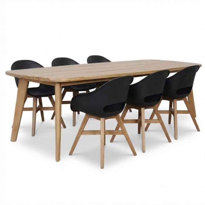 BUITEN living Rixos/Karlstad zwart dining tuinset | 6 personen | hardhout + kunststof | 220cm – Light Teak, Zwart