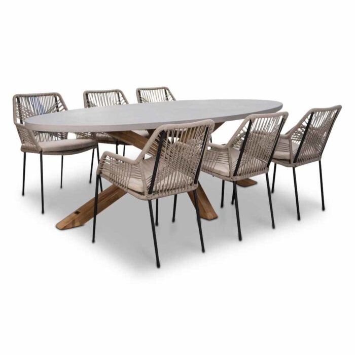 BUITEN living Livorno/Seville zand dining tuinset | 6 personen | betonlook + touw | 240cm – Taupe – Naturel – Bruin, Betonlook