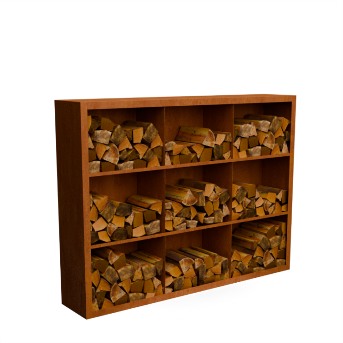 Geroba Egura cortenstaal Houtopslag 9 vakken met achterwand L200 x B38,5 x H150 cm – bruin