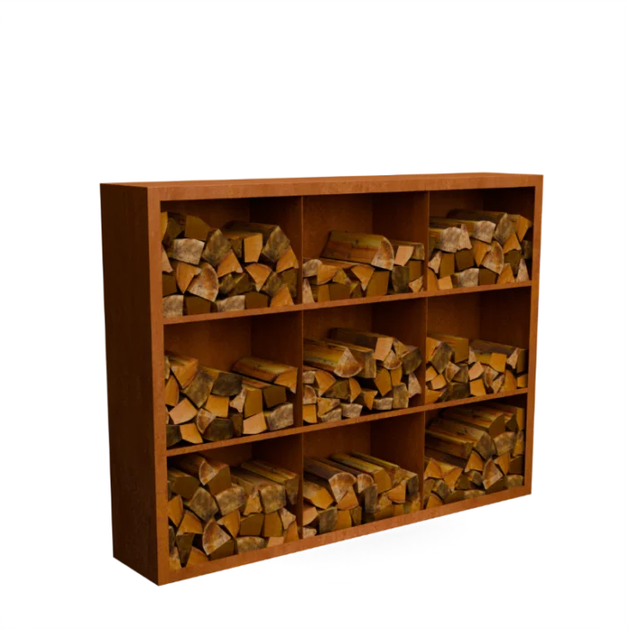 Geroba Egura cortenstaal Houtopslag 9 vakken met achterwand L200 x B38,5 x H150 cm - bruin