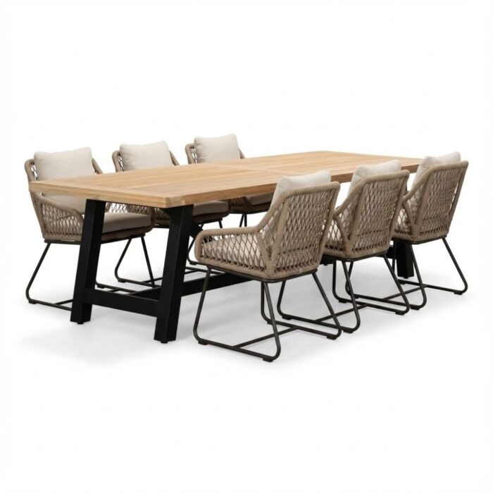 LUX outdoor living James/Portofino Sahara Dust dining tuinset | 6 personen | teakhout + touw | 260cm – Zand