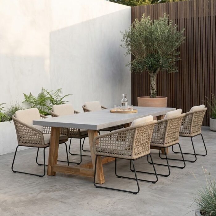 BUITEN living Veltis/Tulum Sahara Dust dining tuinset | 6 personen | betonlook + touw | 250cm – Zand