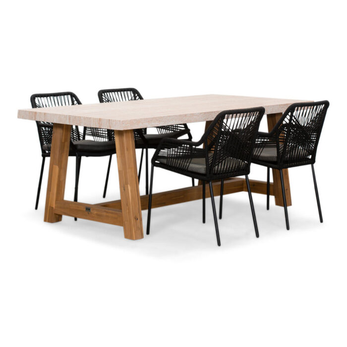BUITEN living Velora/Seville zwart dining tuinset | 4 personen | travertin + touw | 200cm – Grijs